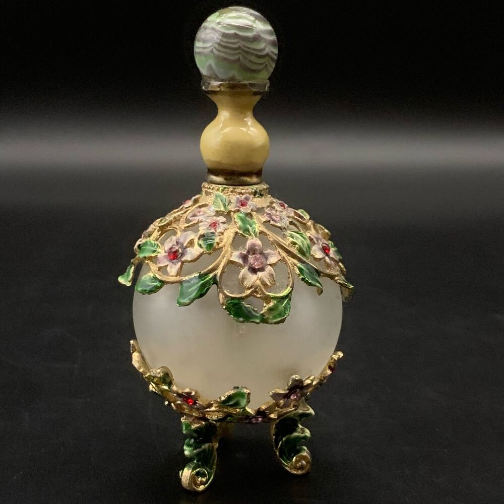 Vintage Jeweled Rhinestone Enamel Glass Perf,ume Empty Bottle Ornate Floral